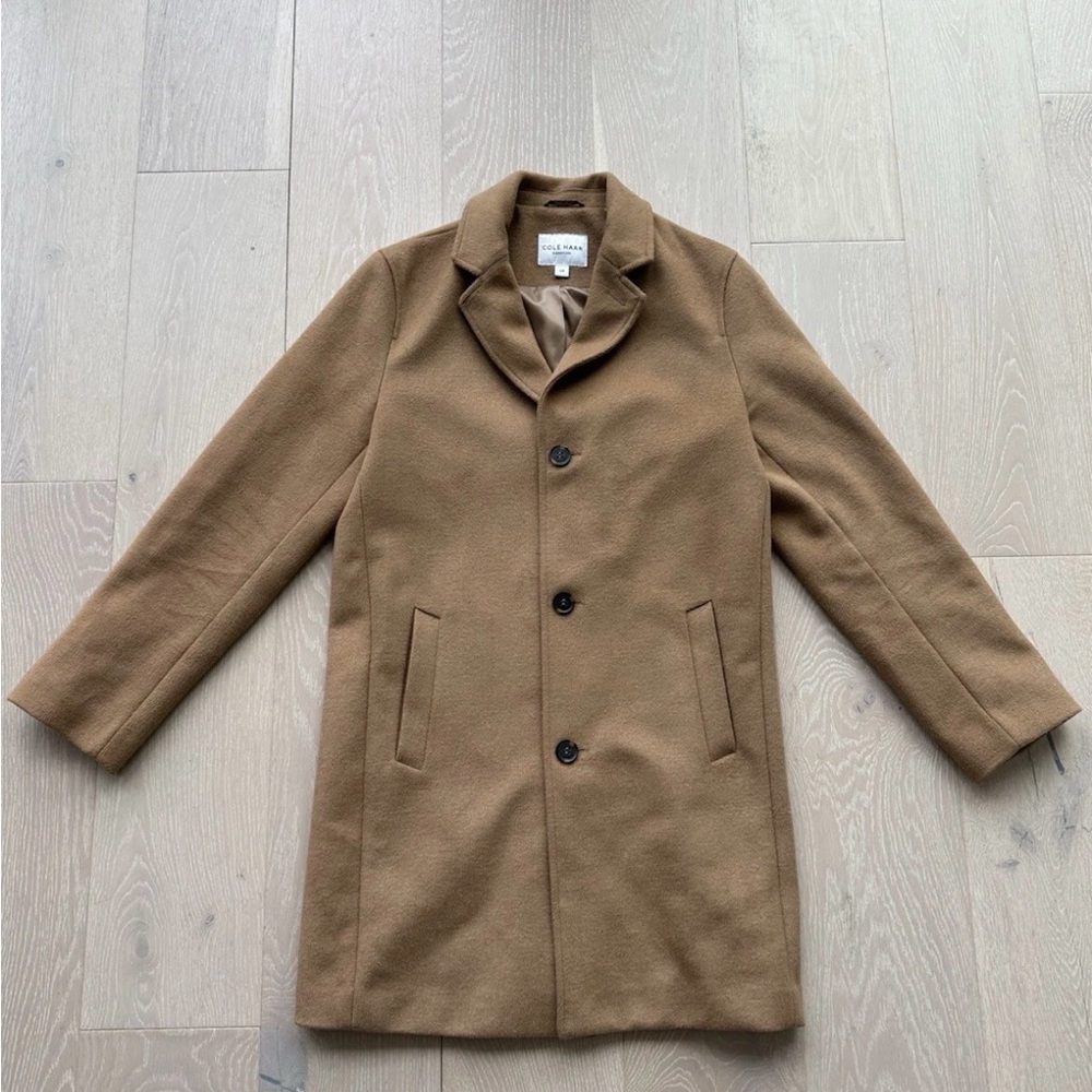 Cole Haan Signature Mens Small Wool Blend Car Coat Camel Brown Quilted Lined